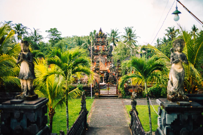 A stone path leading to a temple gate among tropical trees