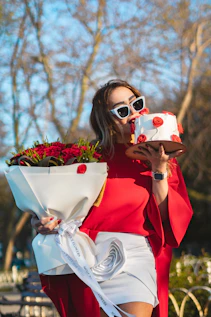a woman in a red dress holding a cake