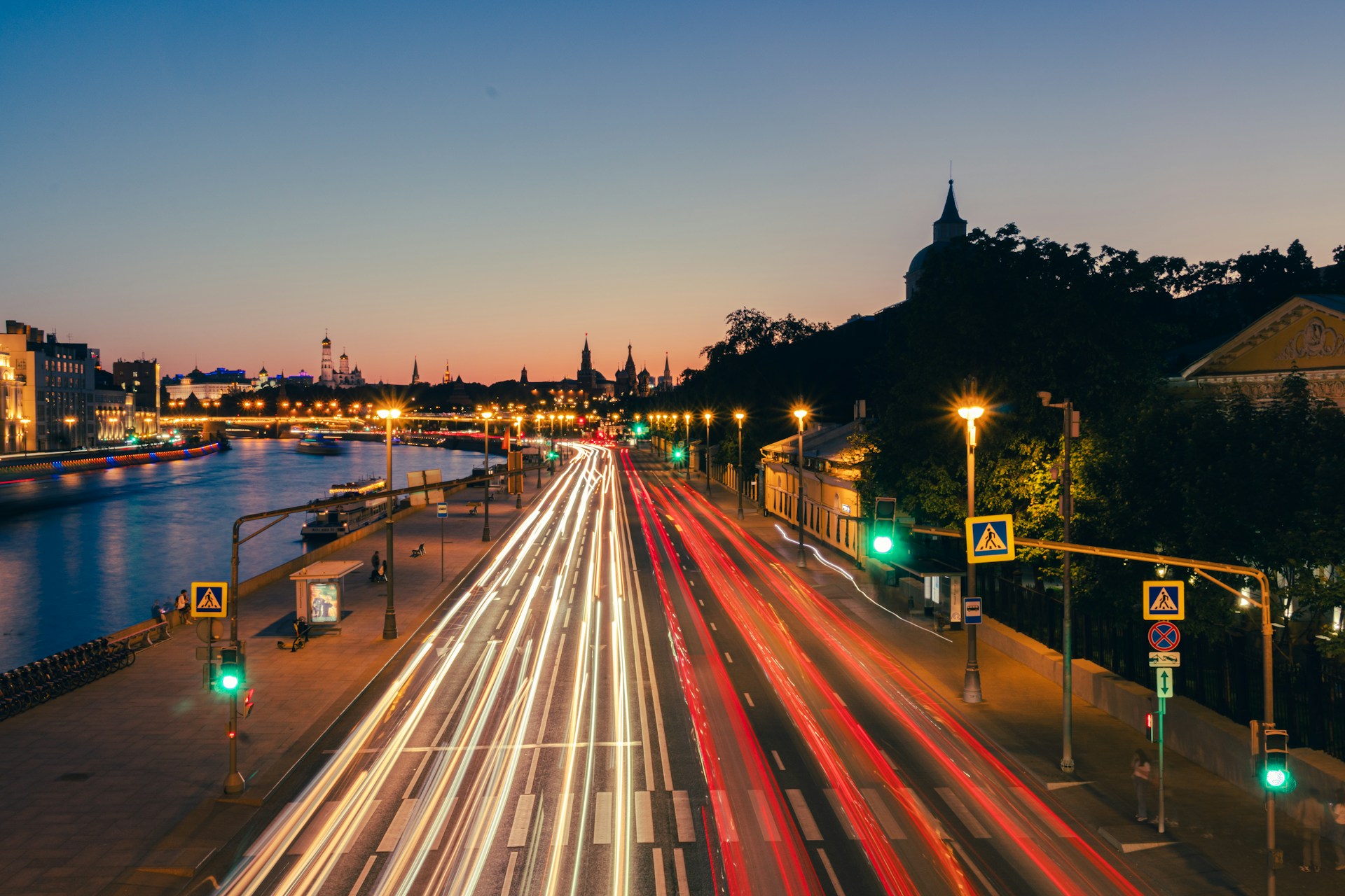a long exposure shot of a city street at night
