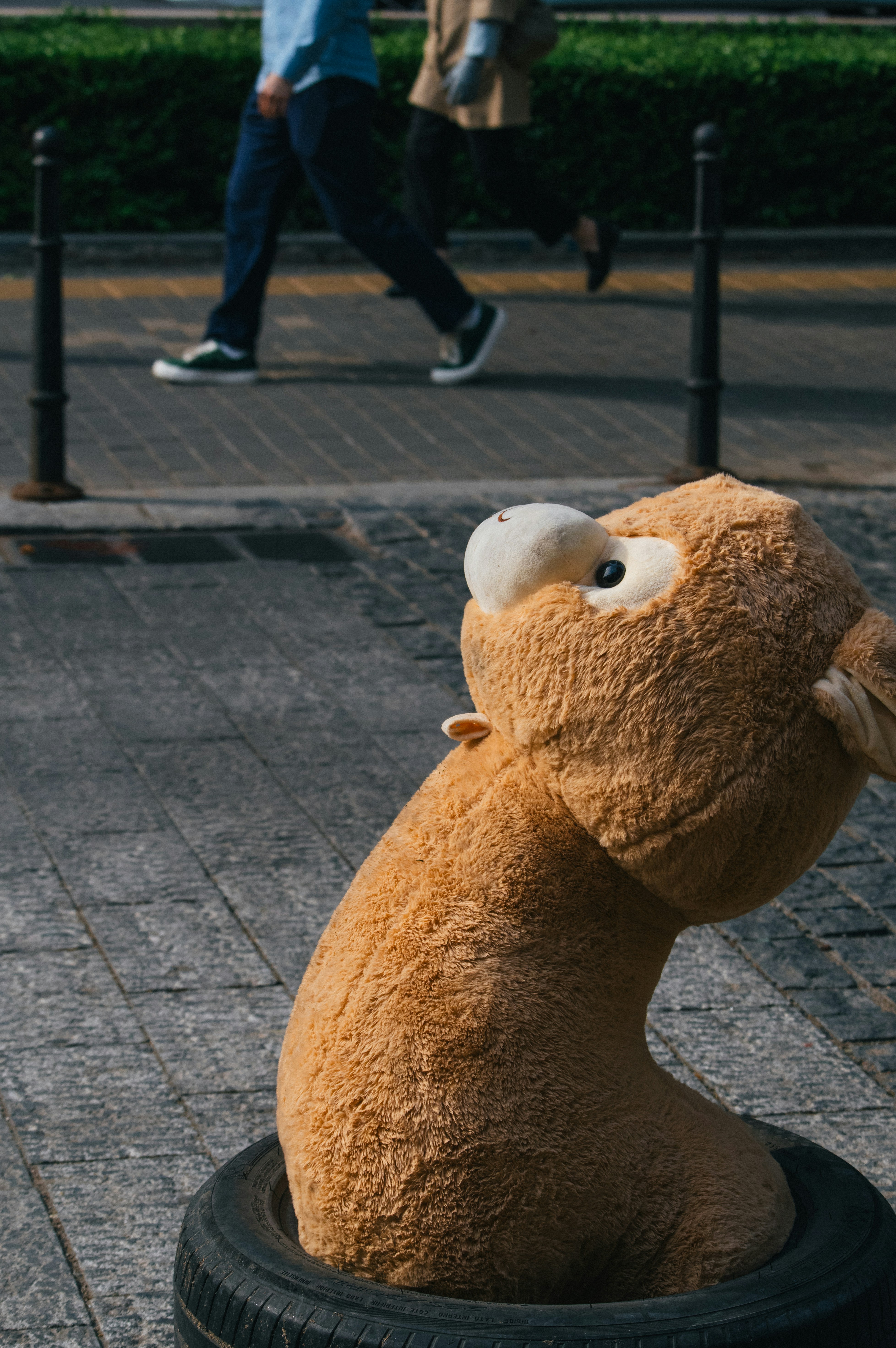 a stuffed animal sitting on top of a tire