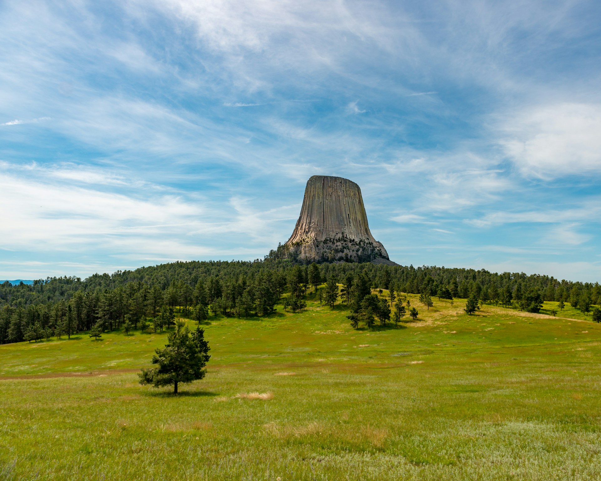 a large rock in the middle of a green field