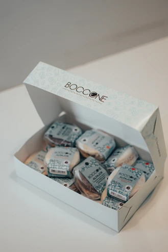 a box of cookies sitting on top of a table