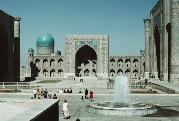 The stunning Registan Square in Samarkand with its three ornate madrasas