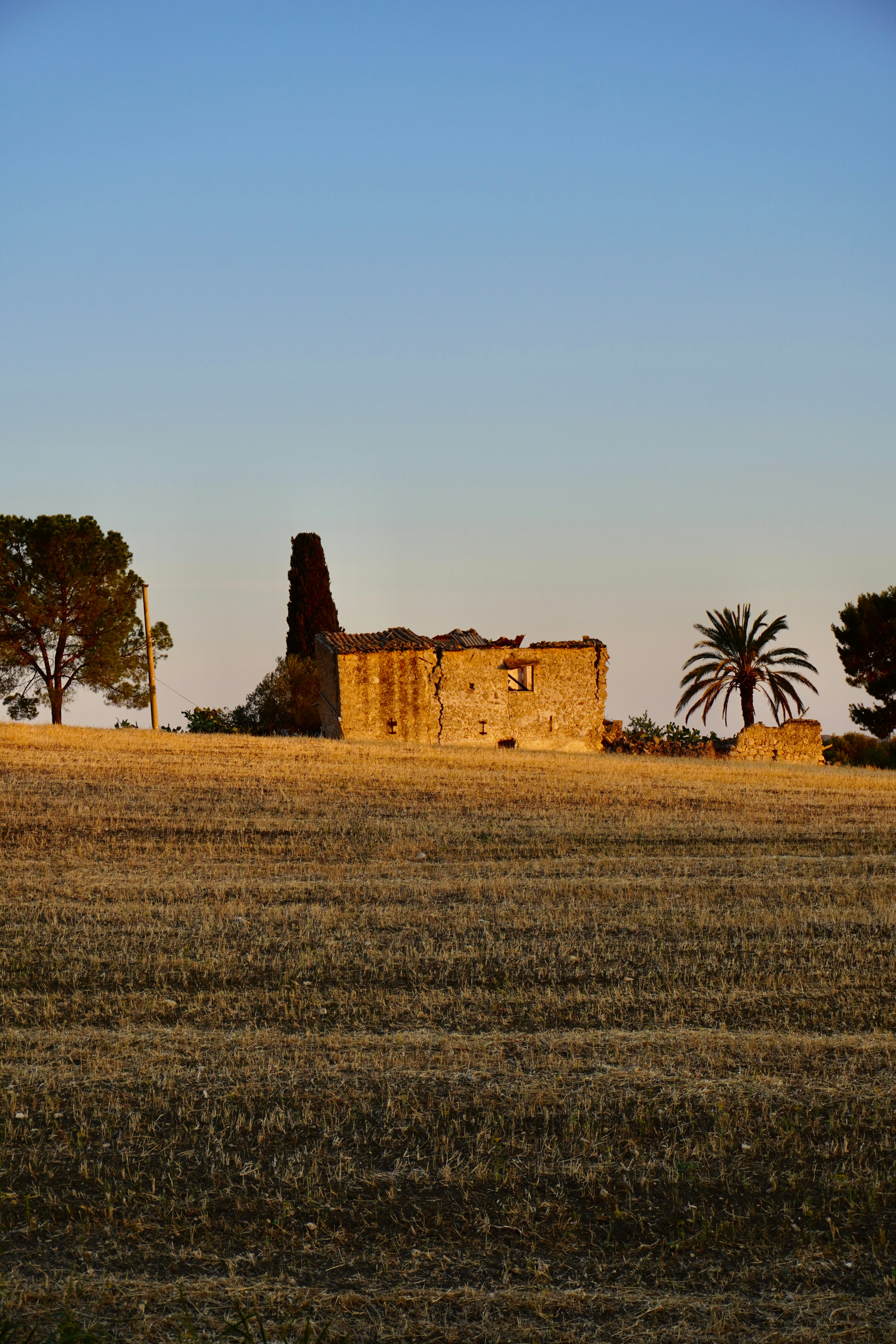 a large field with a building in the middle of it