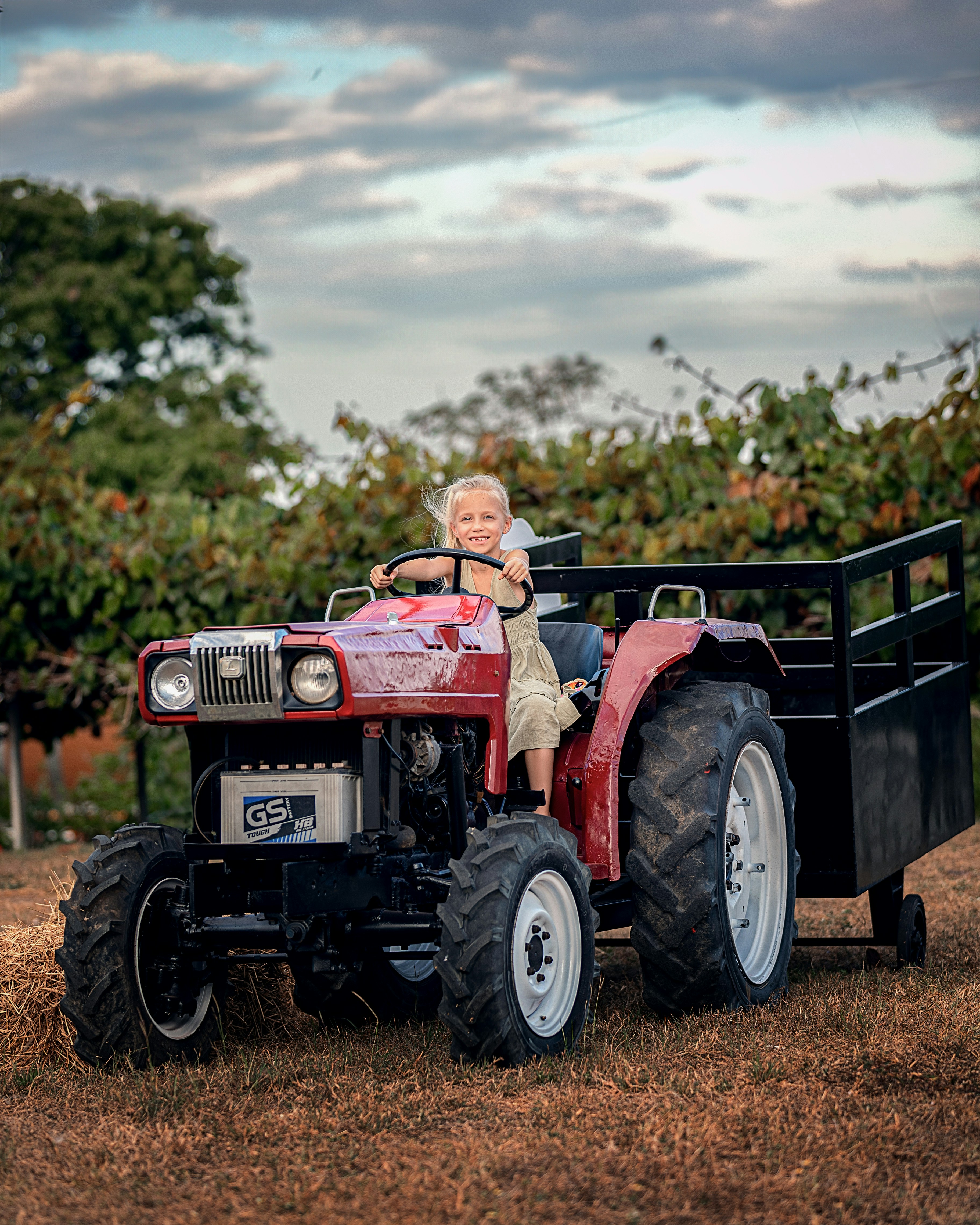 a man riding on the back of a red tractor