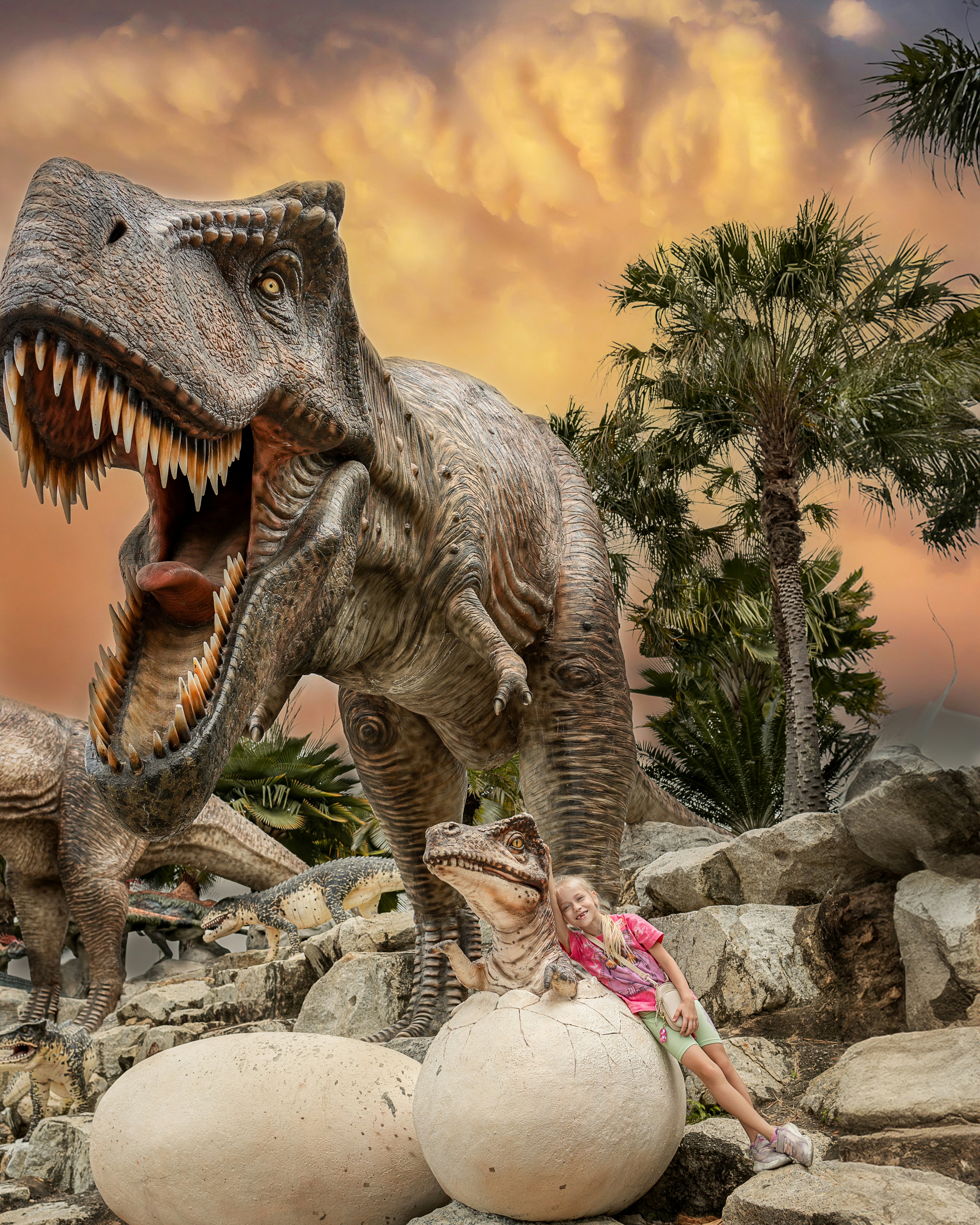 a woman laying on a rock next to a fake dinosaur