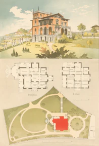 Architectural drawing of a villa with floor plans and garden