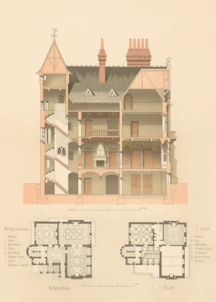 Architectural cross-section and floor plans of a building