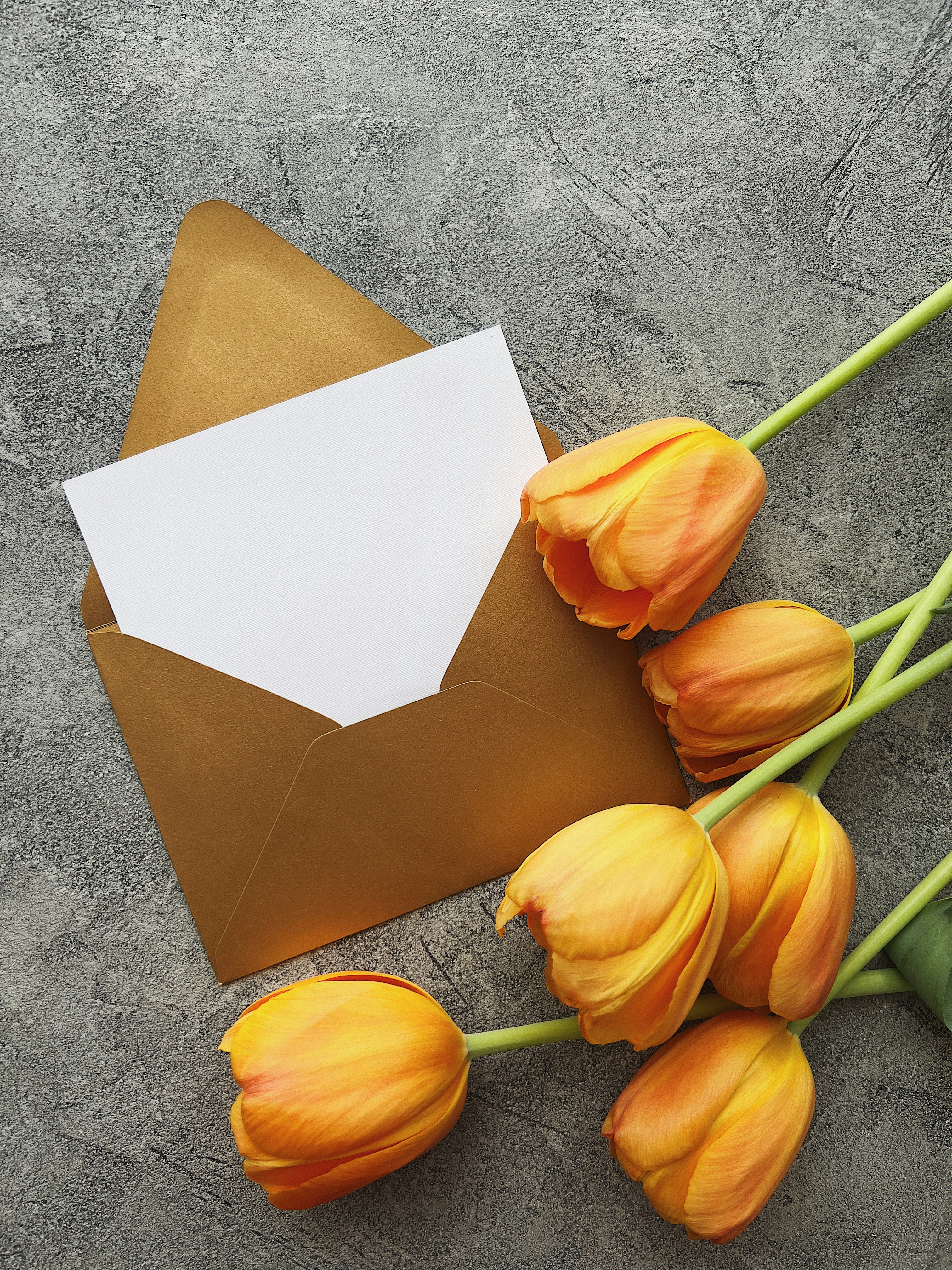 a bunch of tulips sitting next to an envelope