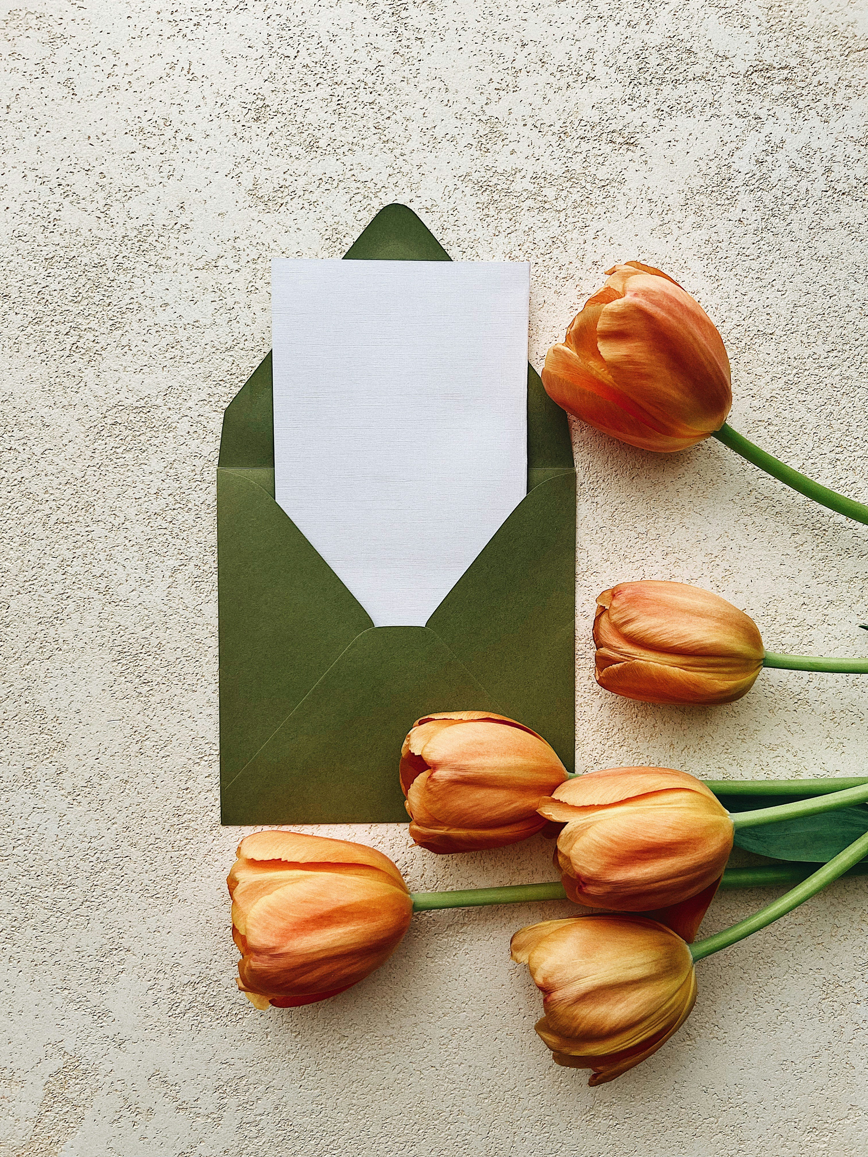 tulips and an envelope on a table