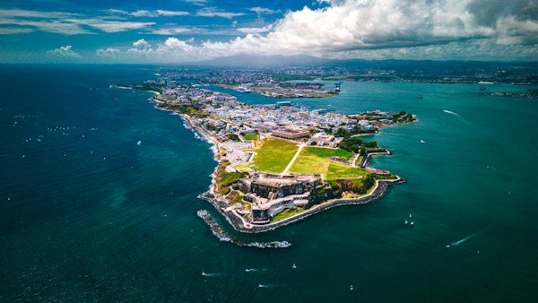 An aerial view of an island in the middle of the ocean — San Juan, Puerto Rico