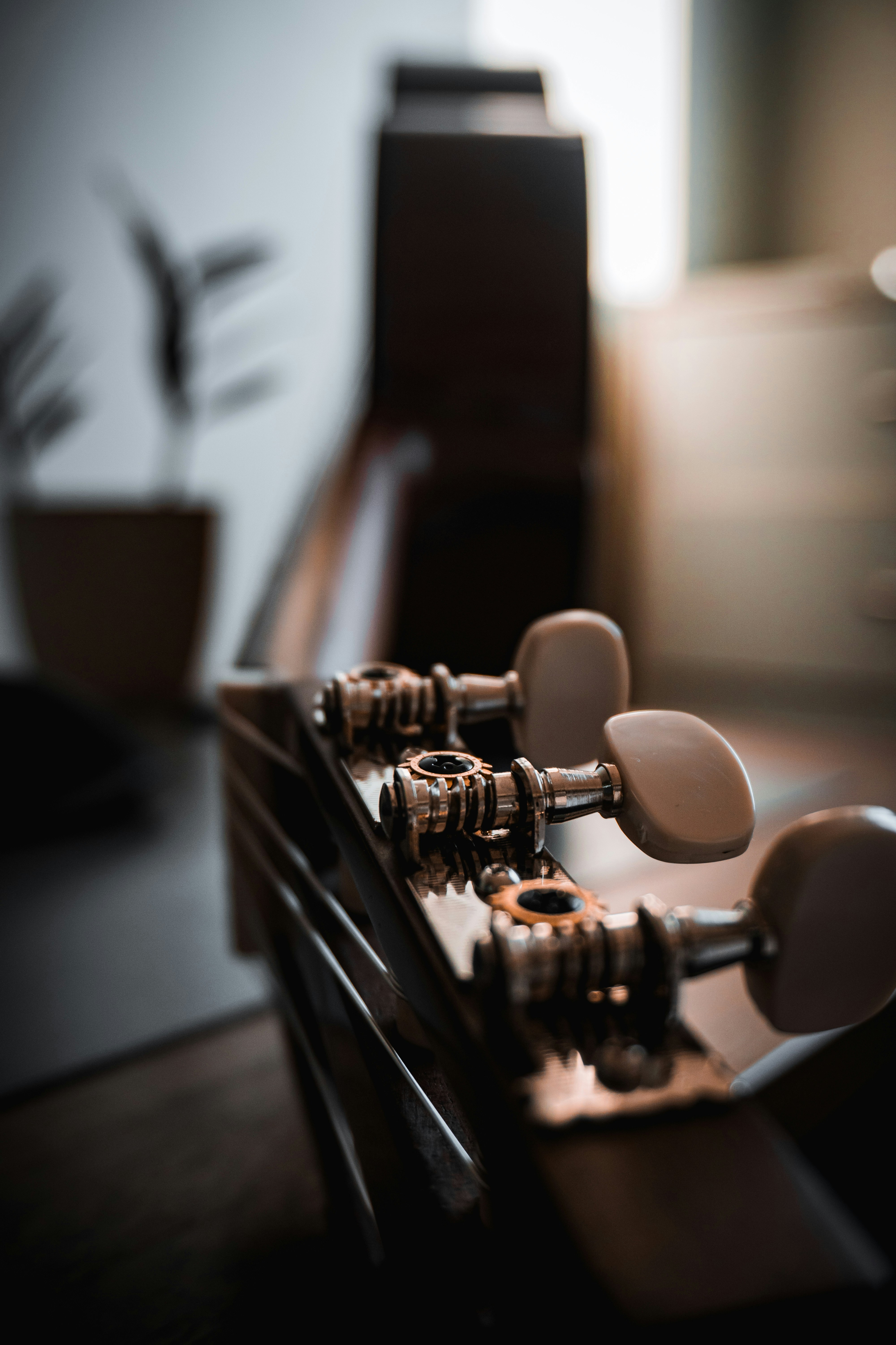 a close up of a wooden bench with knobs