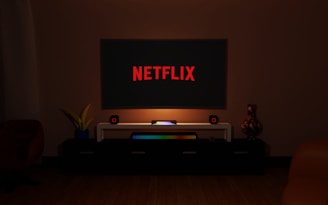 a dark room with a television and a neon netflix sign