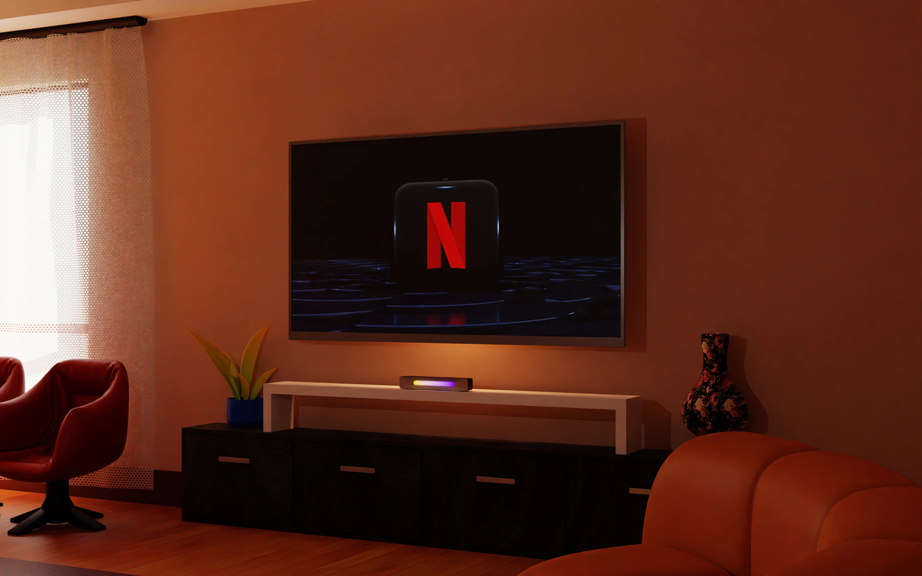 Flat-screen television mounted in a modern living space