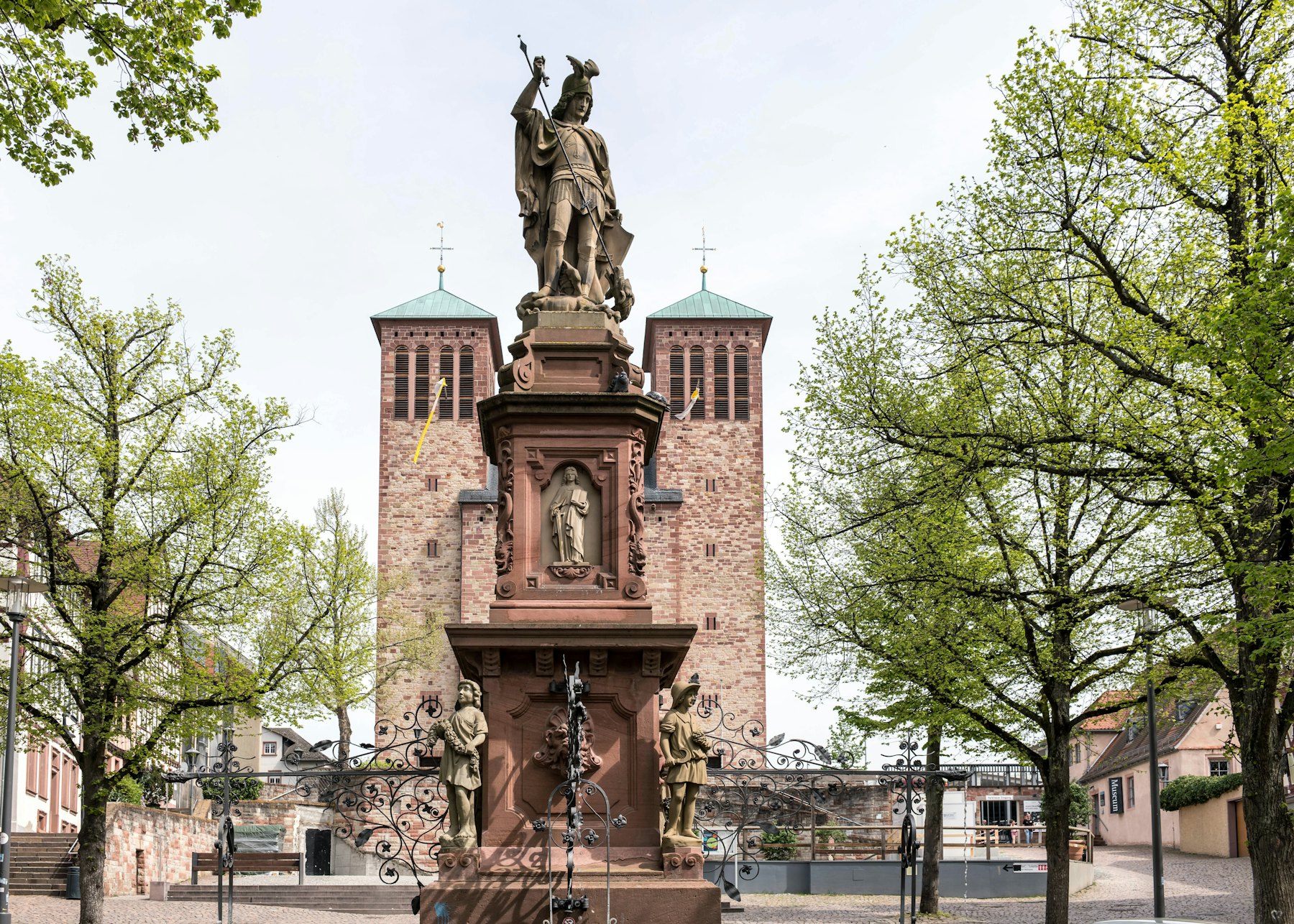Fountain and church in Bensheim town centre