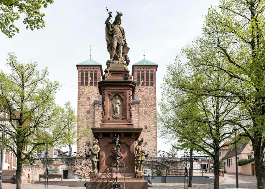 Fountain and church in Bensheim town centre