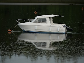 a white boat floating on top of a lake