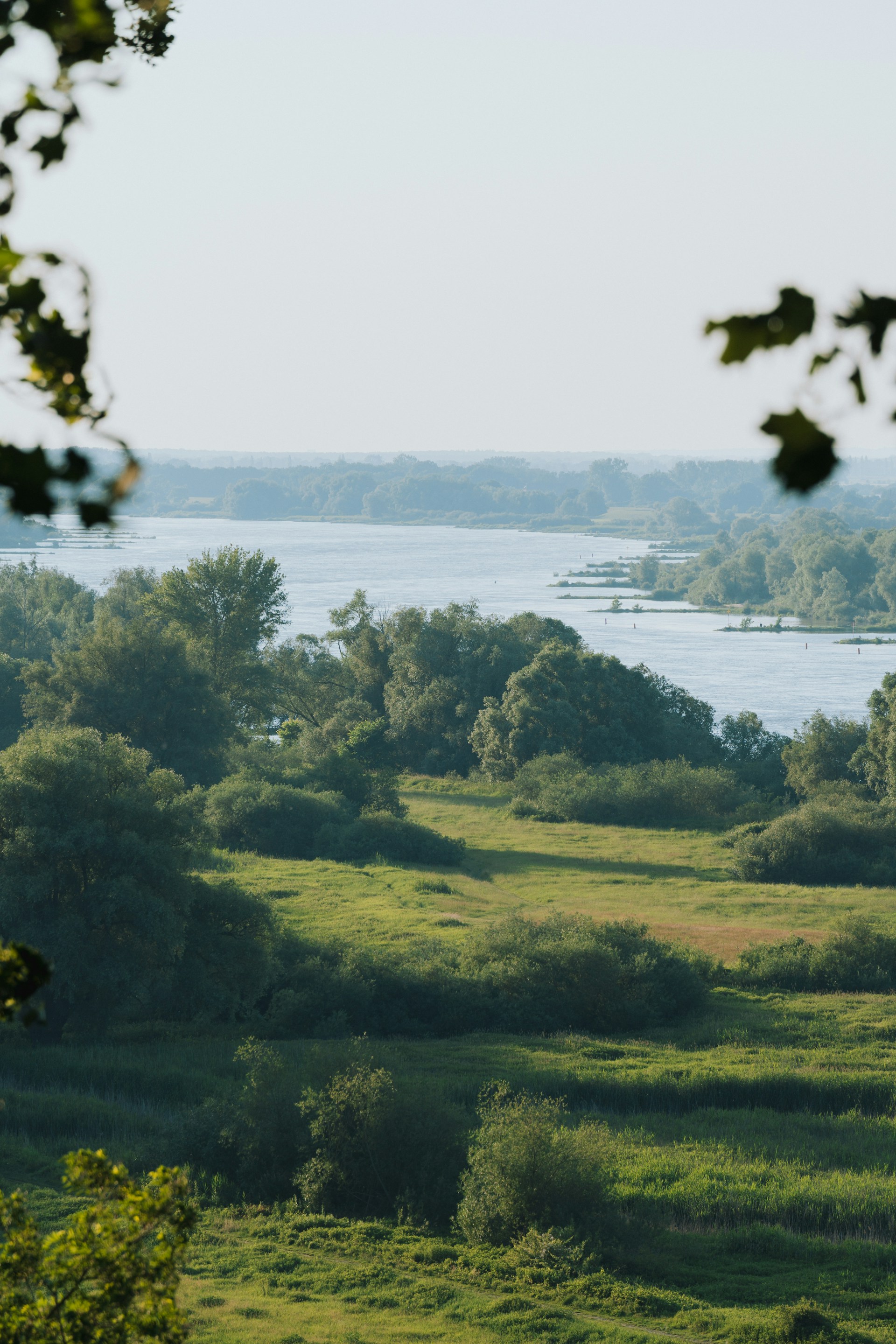 a view of a grassy field with a river in the distance
