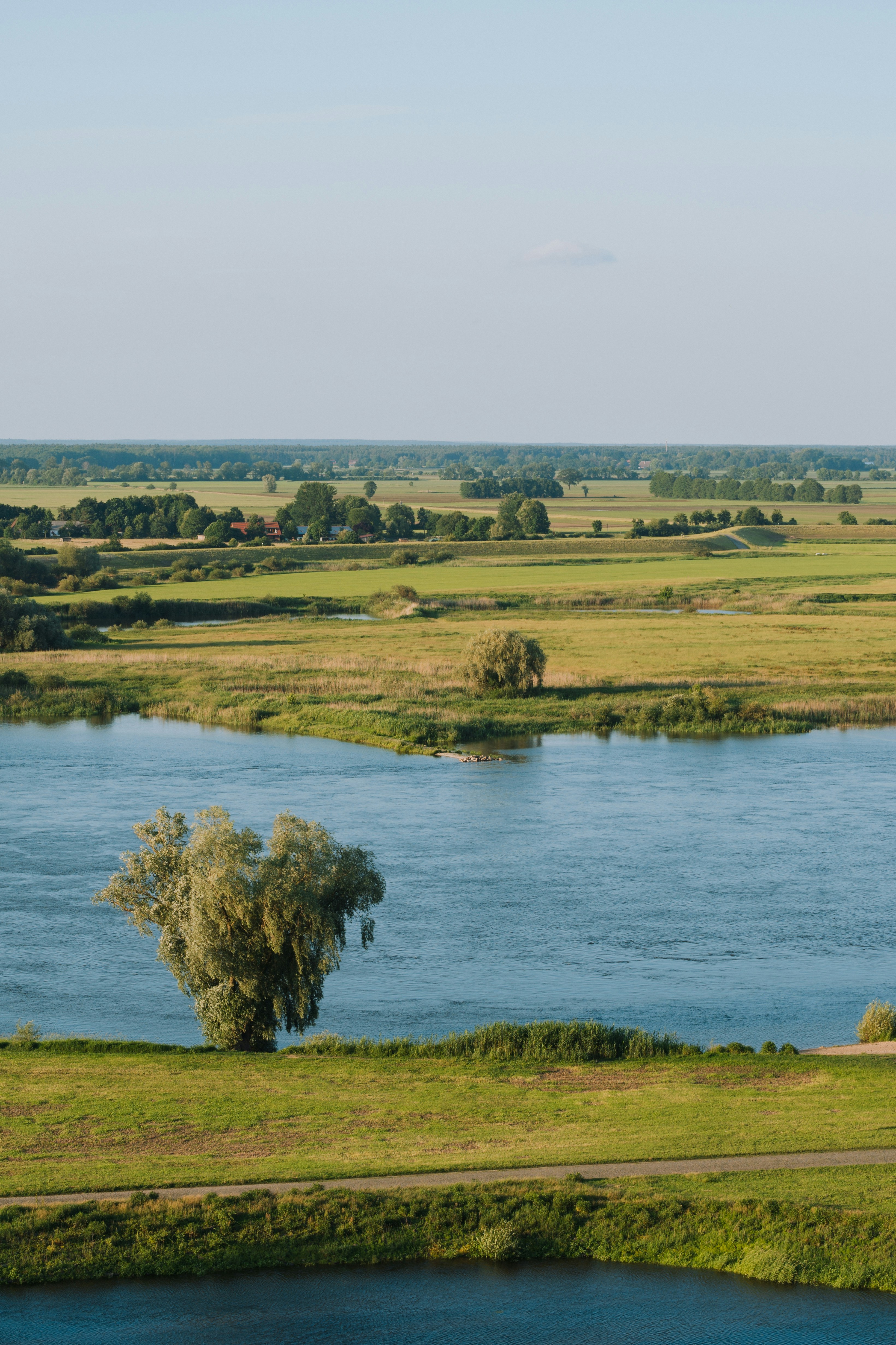a large body of water surrounded by lush green fields