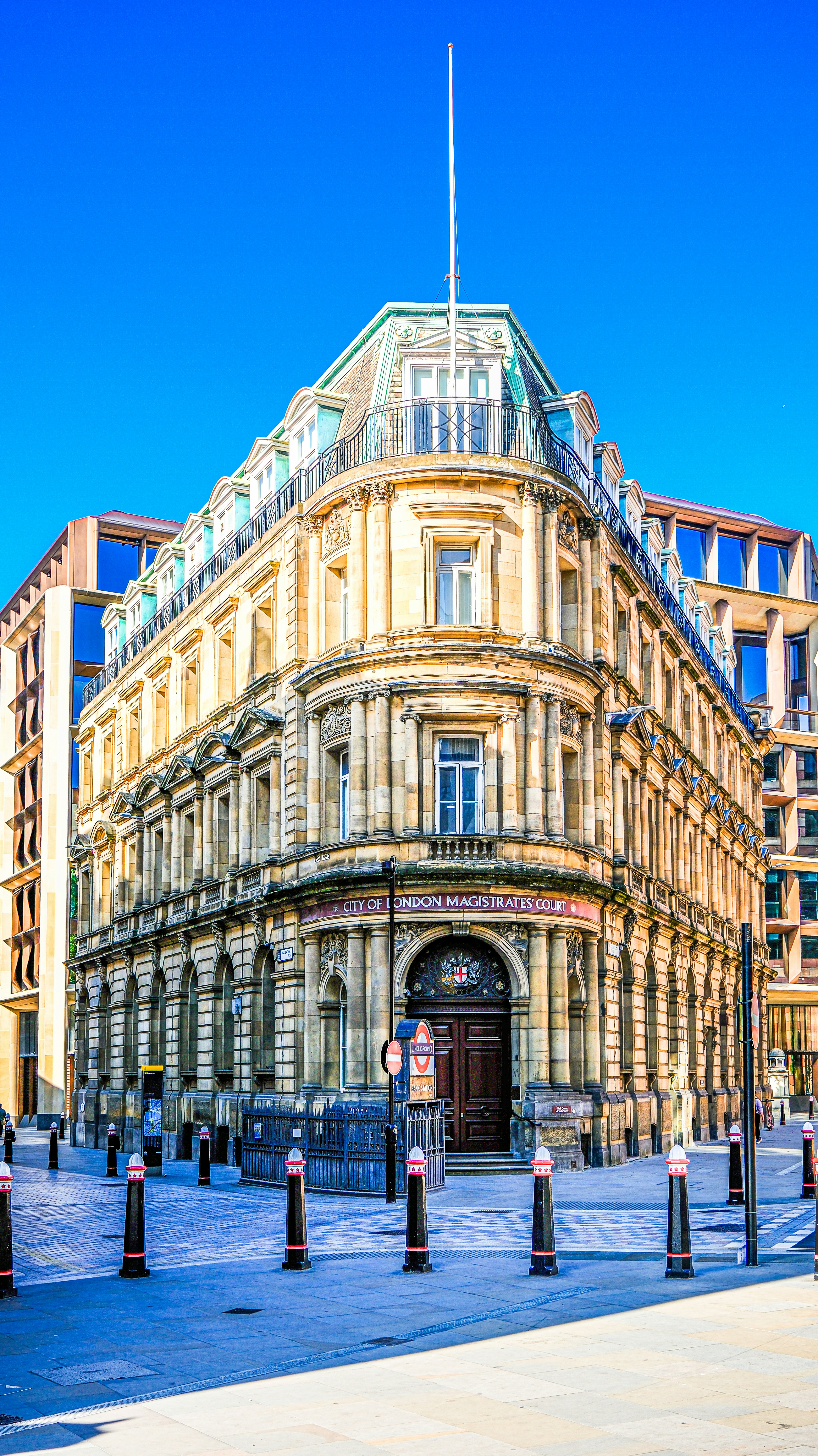 a large building with a flag on top of it