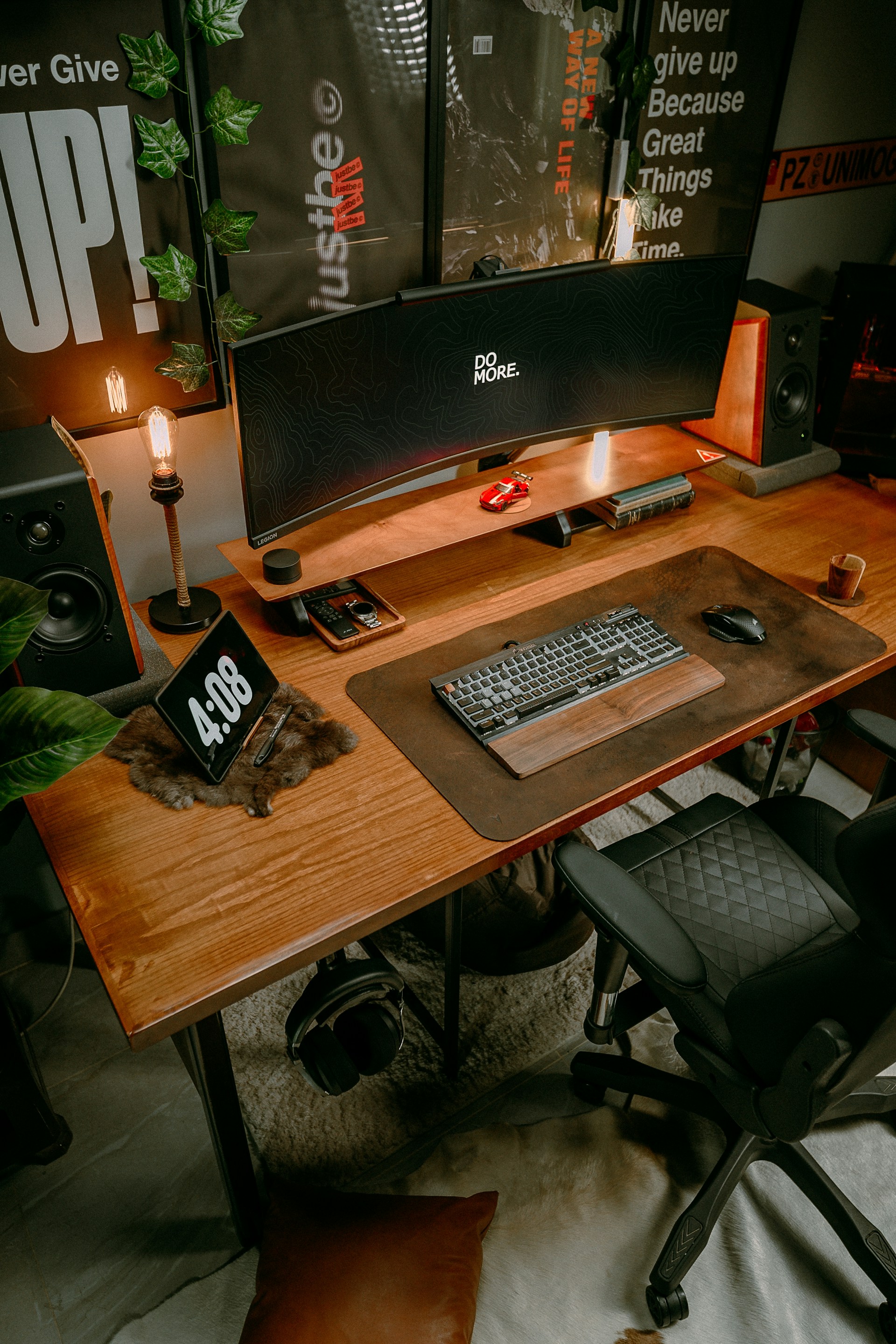 a computer desk with a keyboard and mouse