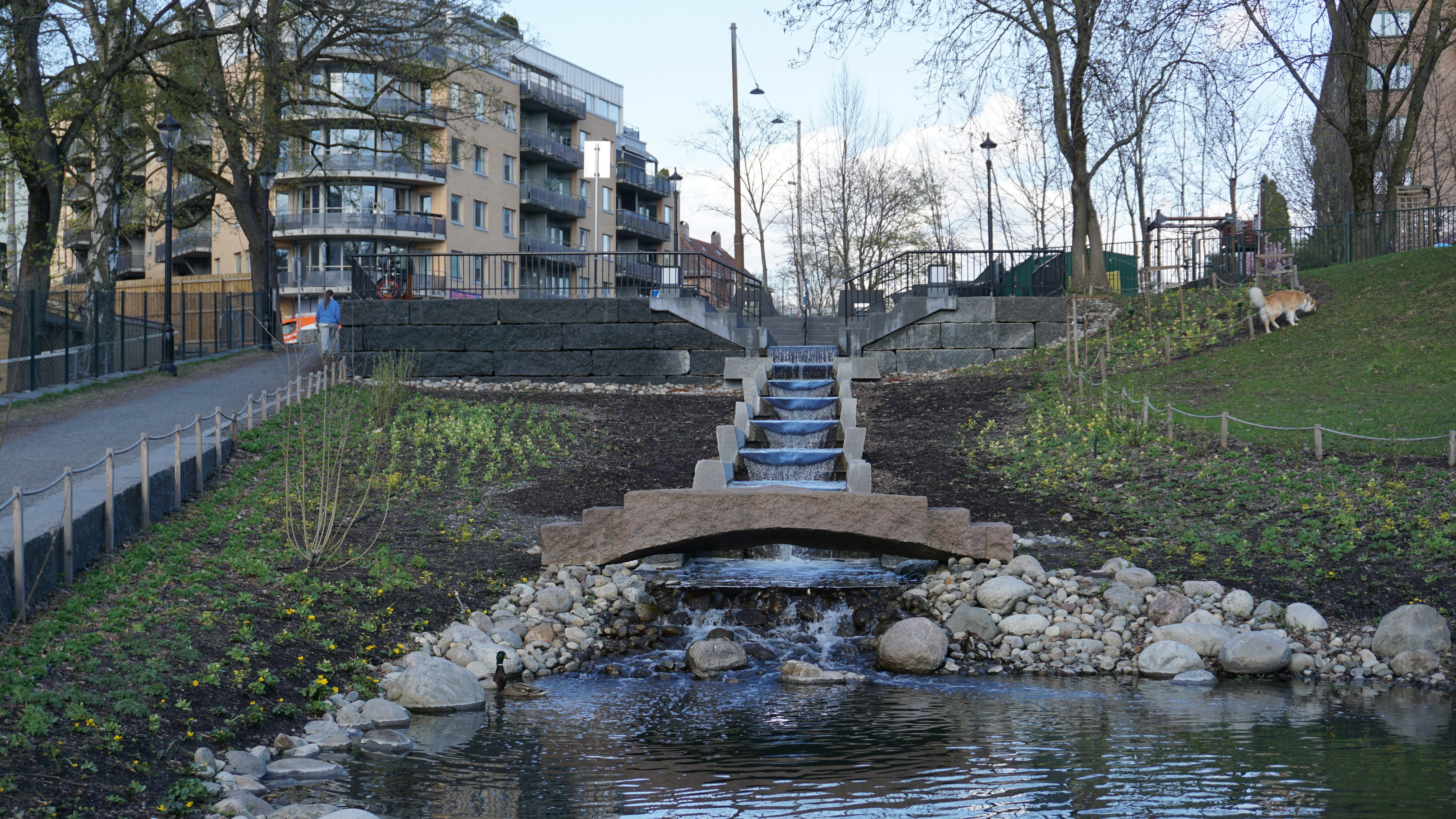 A small pond with a waterfall in the middle of it photo – Free City ...