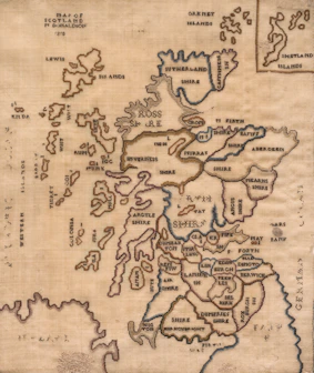 An old map of scotland with regions labeled