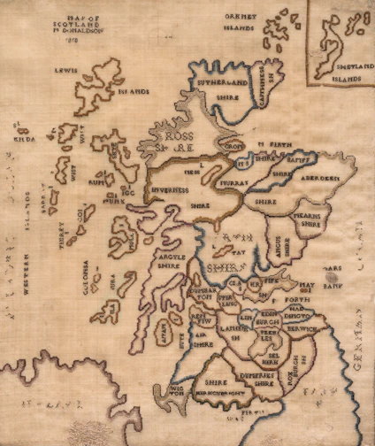 An old map of scotland with regions labeled