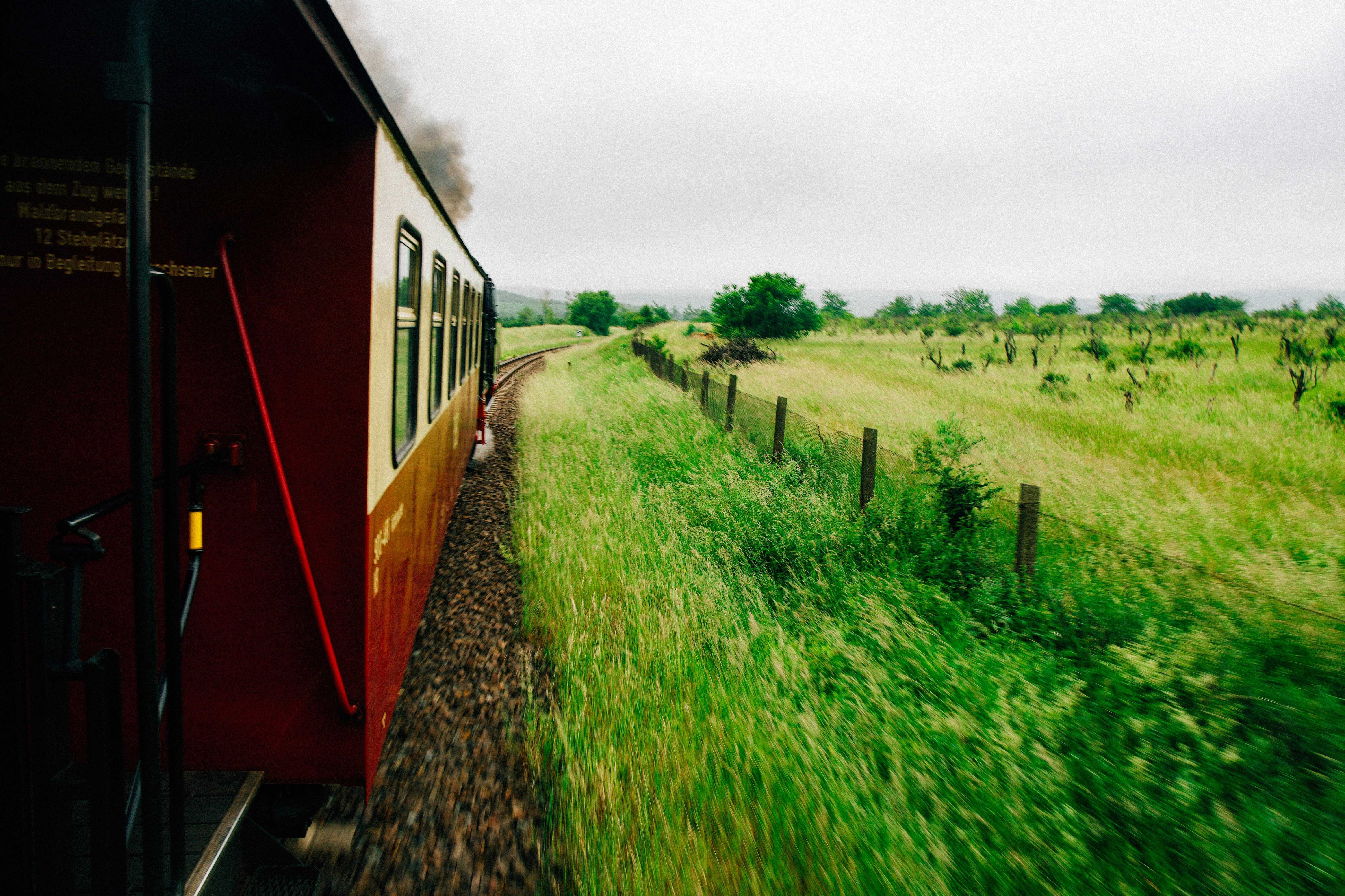 a train traveling through a lush green countryside, Traveling with the antique Harzer Schmalspurbahn (HSB) train through the beautiful Harz und exploring Germany, Europe by train