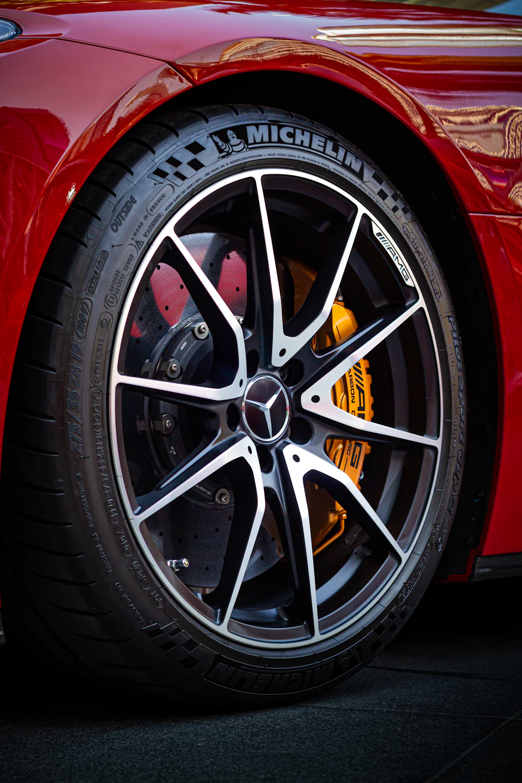 Alloy wheel with a red brake caliper