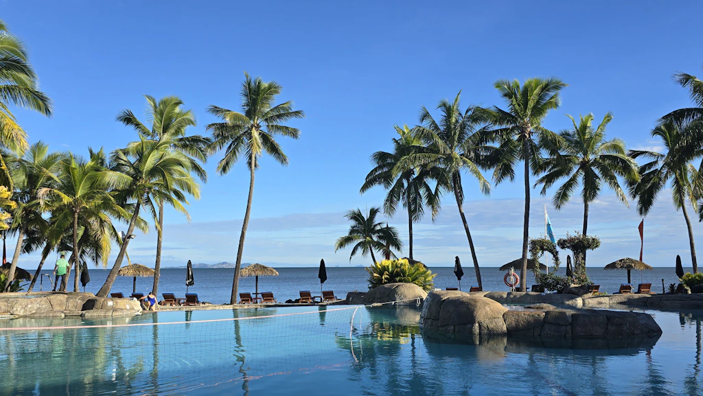 Large pool lined with palm trees facing the sea