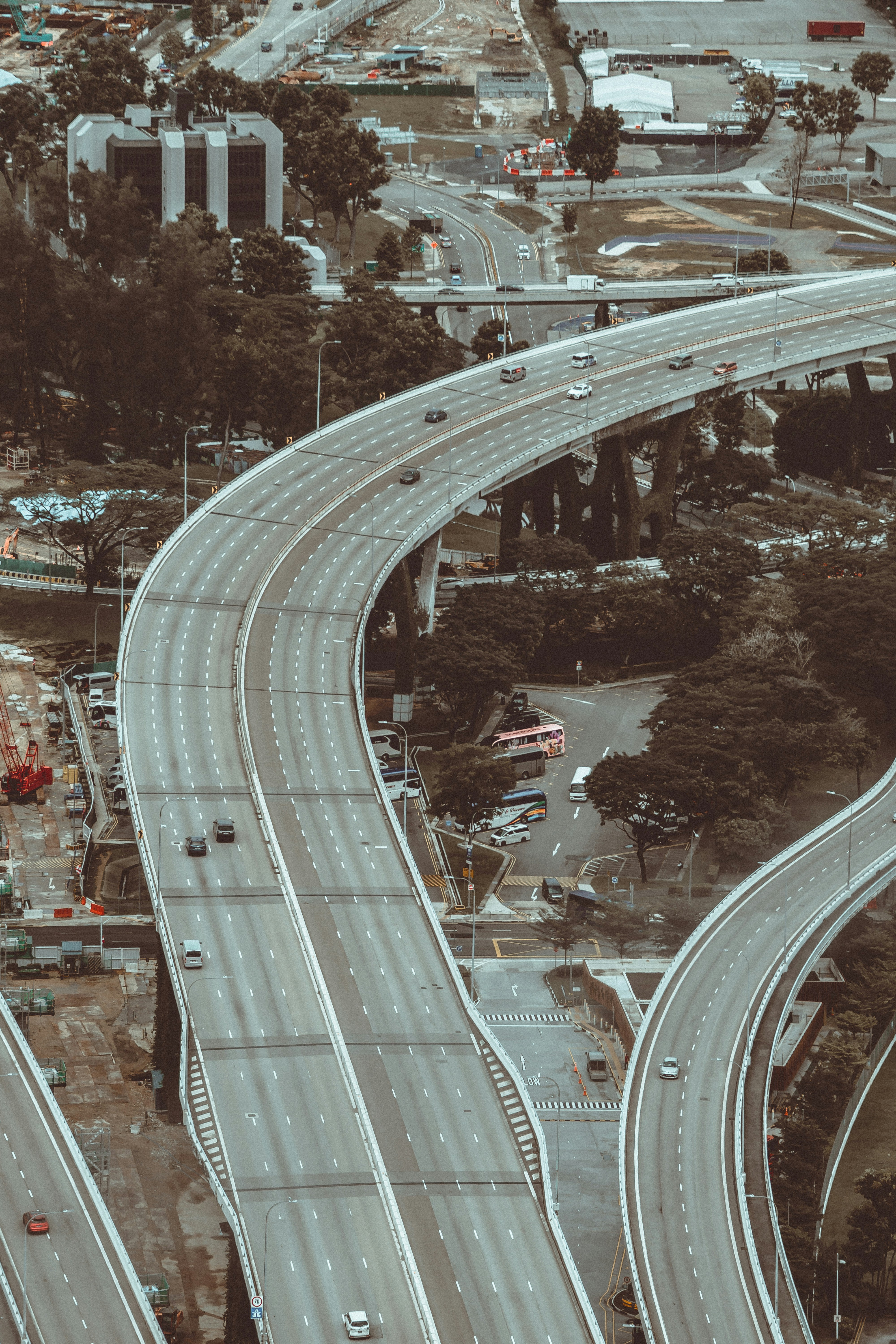 an aerial view of a highway intersection with multiple lanes