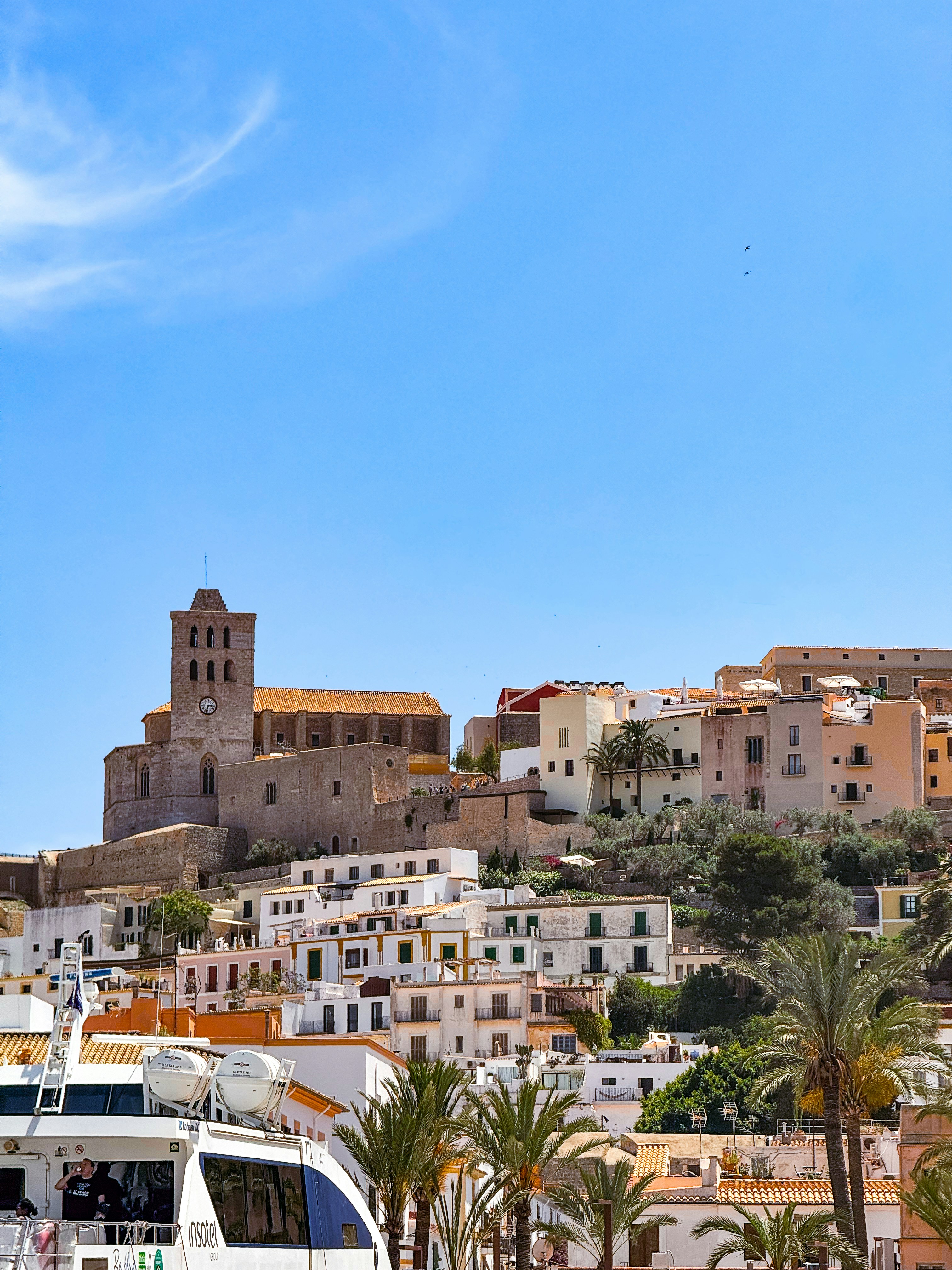 a white bus parked in front of a city