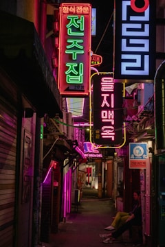 a narrow alley with neon signs and a person sitting on a bench