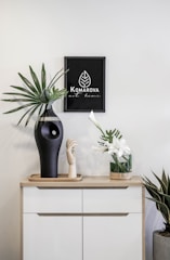 a black vase sitting on top of a white dresser