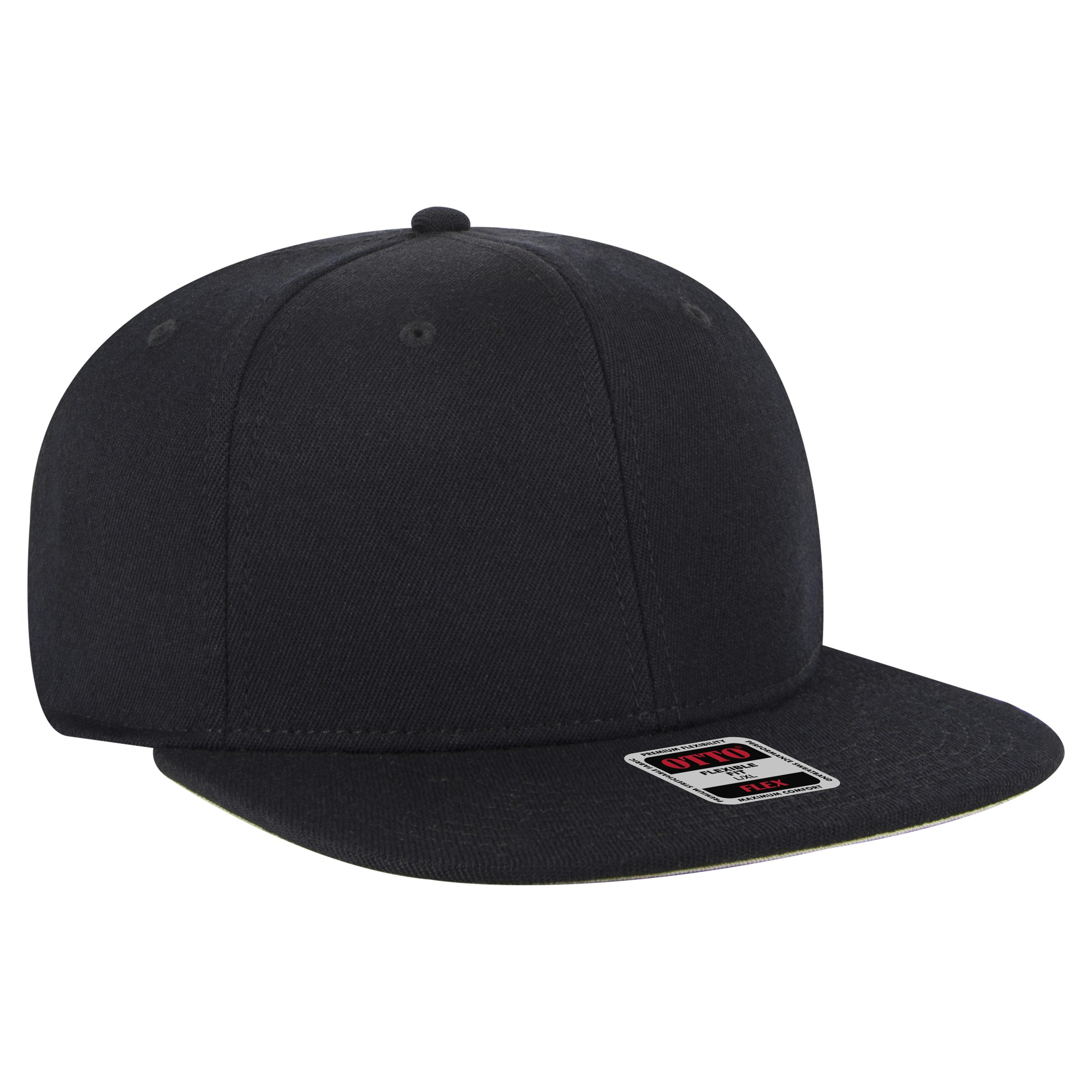 Black snapback sports cap with flat brim on clean white background