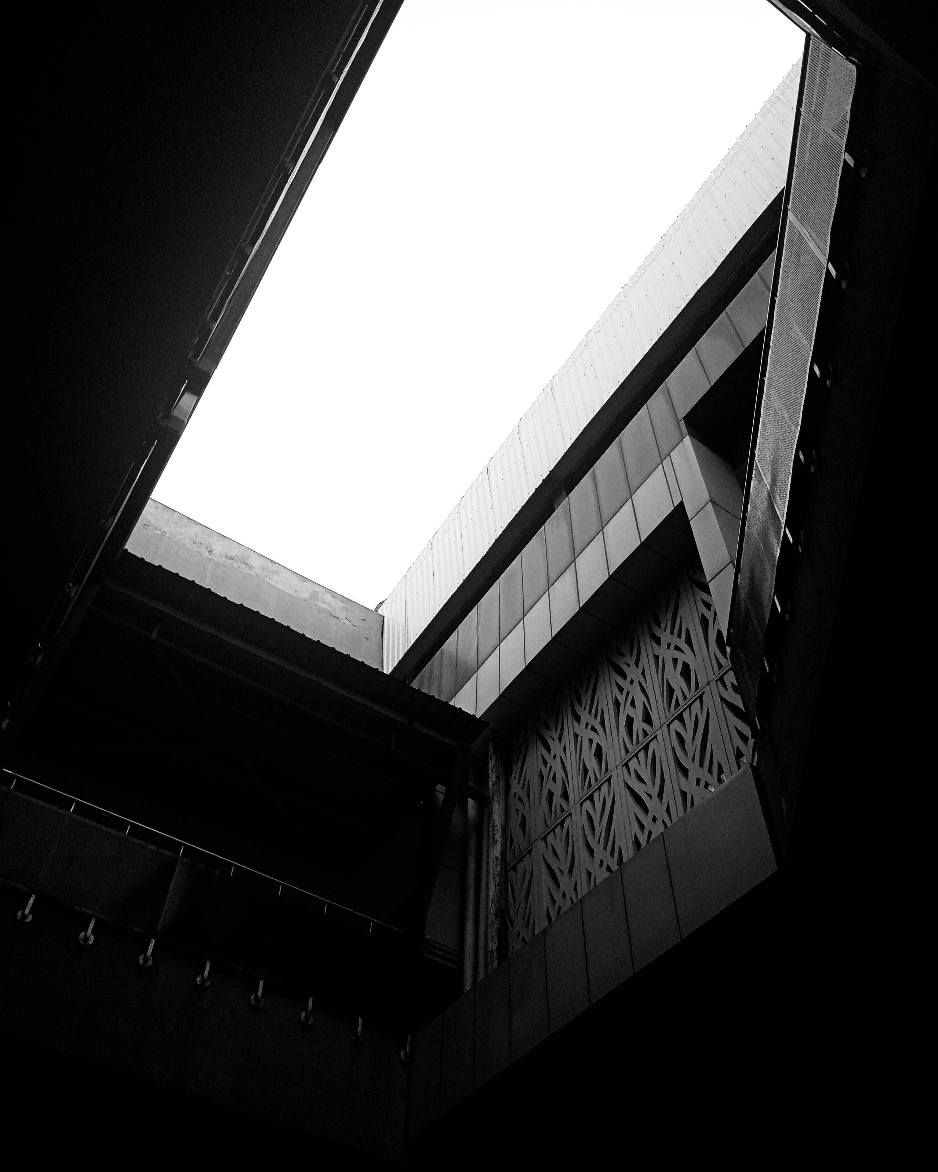 a black and white photo of a building with a skylight