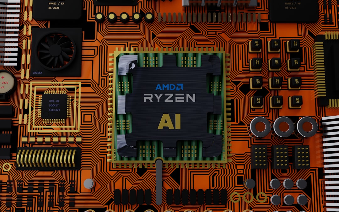 a close up of a processor chip on a printed circuit board, chip, AMD, AMD series, Ryzen, AI, chip Artificial intelligence, motherboard, IA 300, processor, computing, hardware, technology, CPU, GPU, neural networks, machine learning, deep learning, computer vision, natural language processing, robotics, automation, data analysis, data science, high-performance computing, cloud computing, edge computing, IoT, smart devices, embedded systems, microcontrollers, firmware, software, programming, algorithms, data storage, memory, bandwidth, performance, efficiency, power management, thermal management, cooling systems, overclocking, benchmarking, gaming