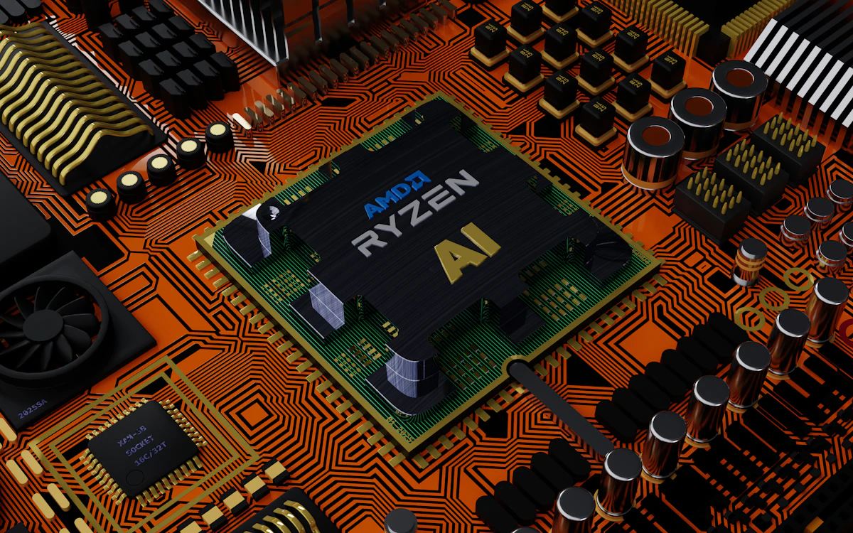 Close-up of a modern computer processor chip on a motherboard