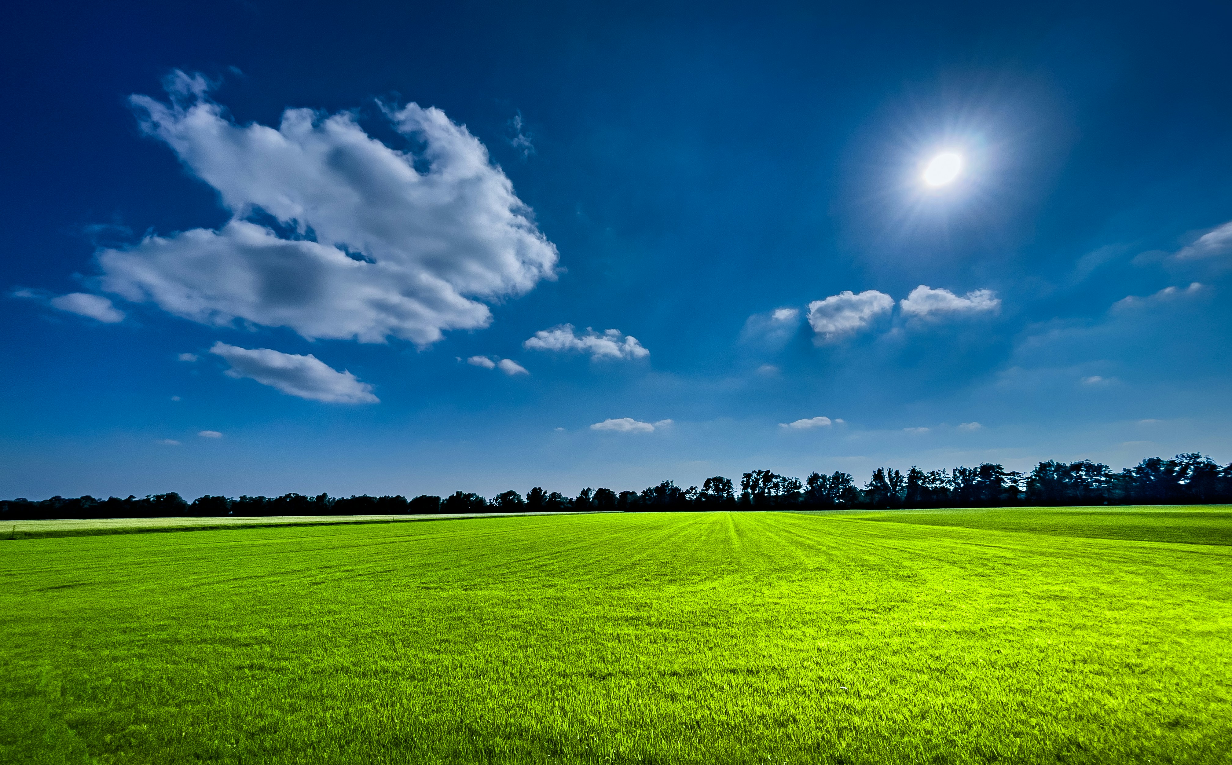 a green field under a blue sky with clouds