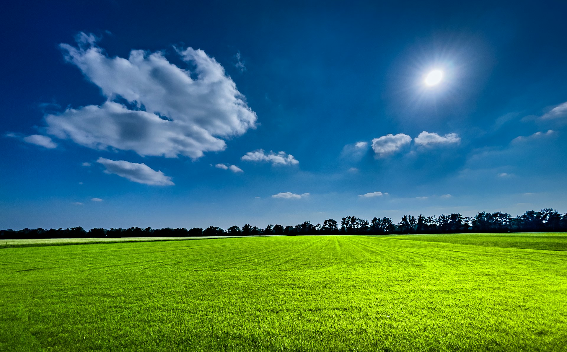 a green field under a blue sky with clouds