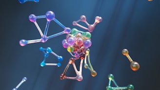 a group of different colored objects floating in the air