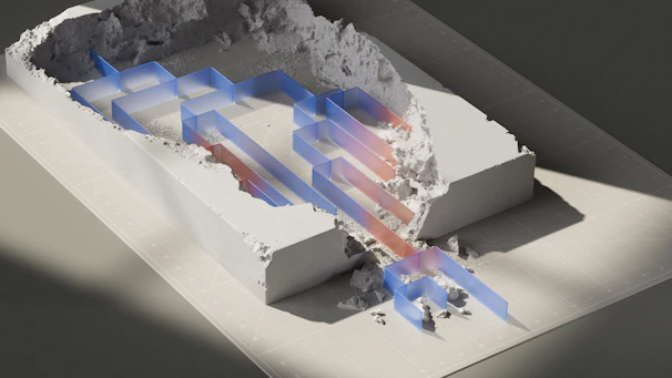 a cut in half picture of a building with blue and red arrows