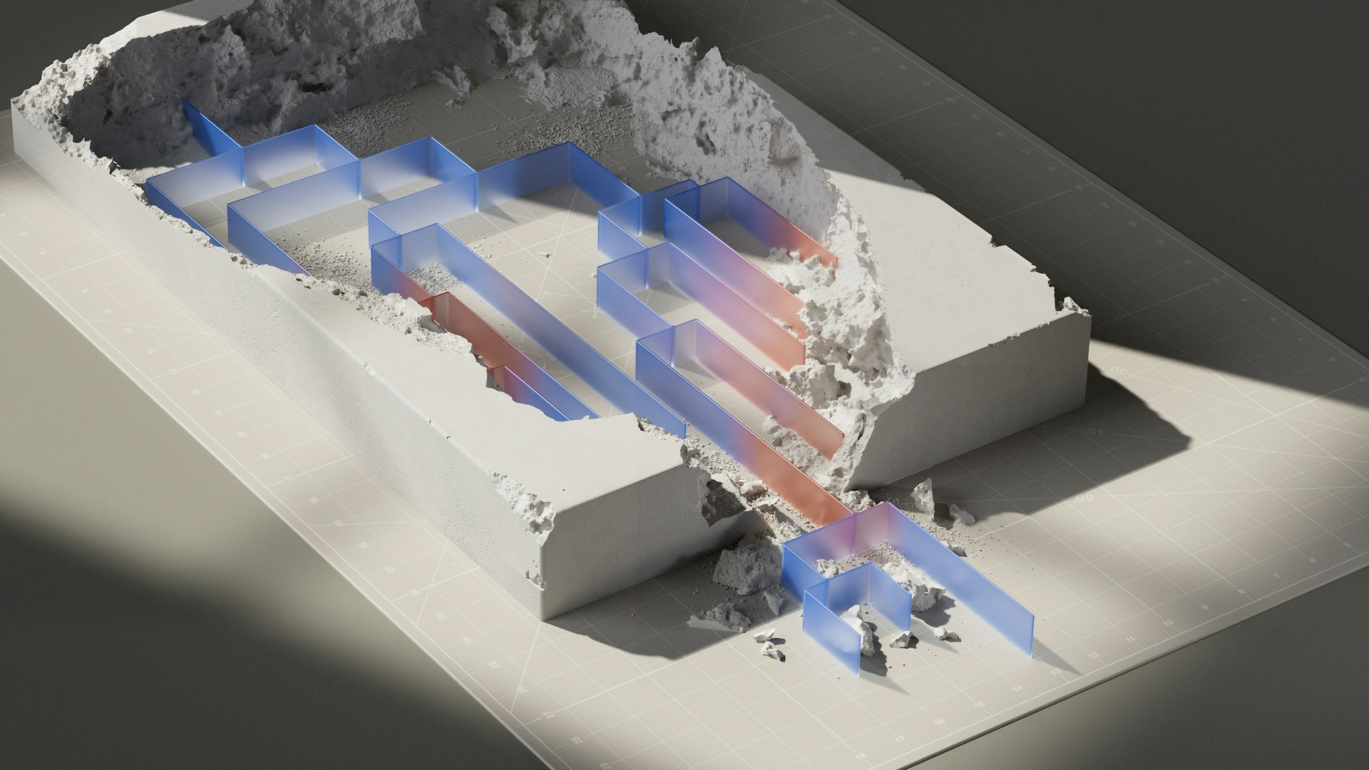 a cut in half picture of a building with blue and red arrows