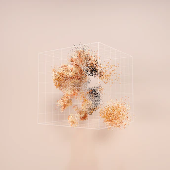 A wireframe cube containing swirling clusters of orange and black particles