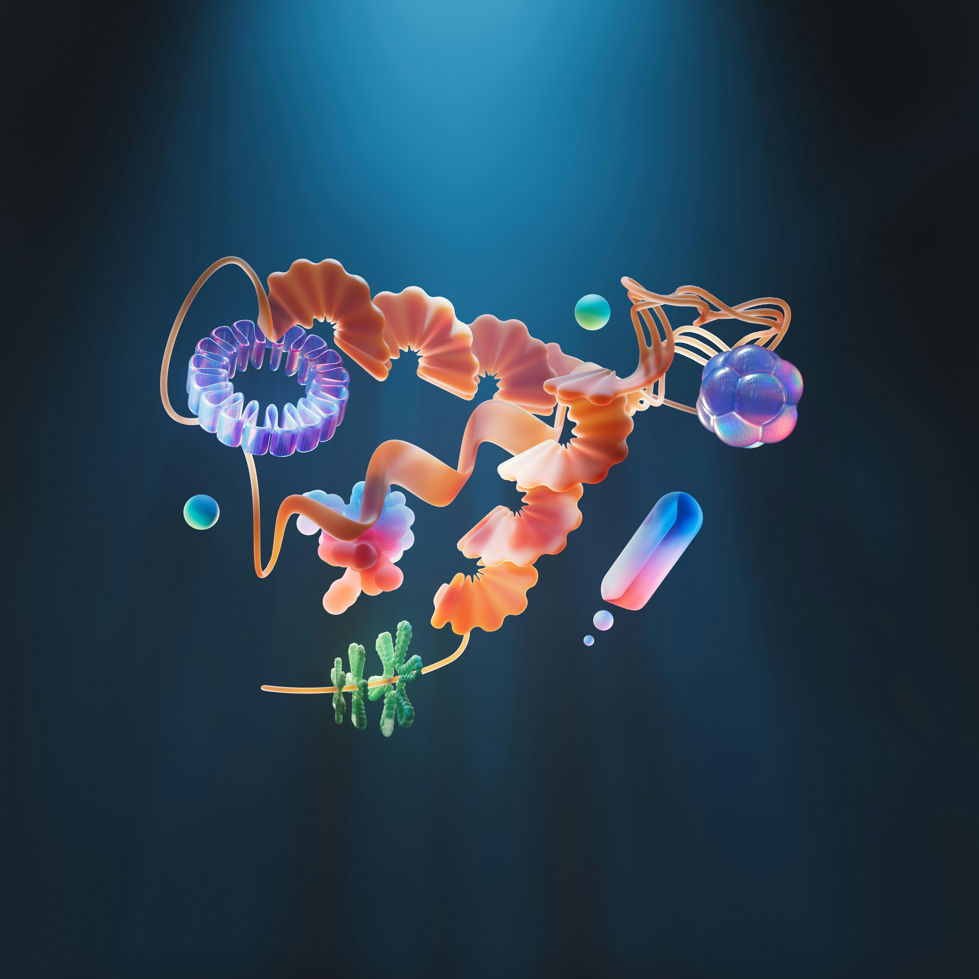 An artist’s illustration of artificial intelligence (AI). This image explores how AI can be used advance biology and protein folding. It was created by Twistedpoly as part of the Visualising AI project launched by Google DeepMind.