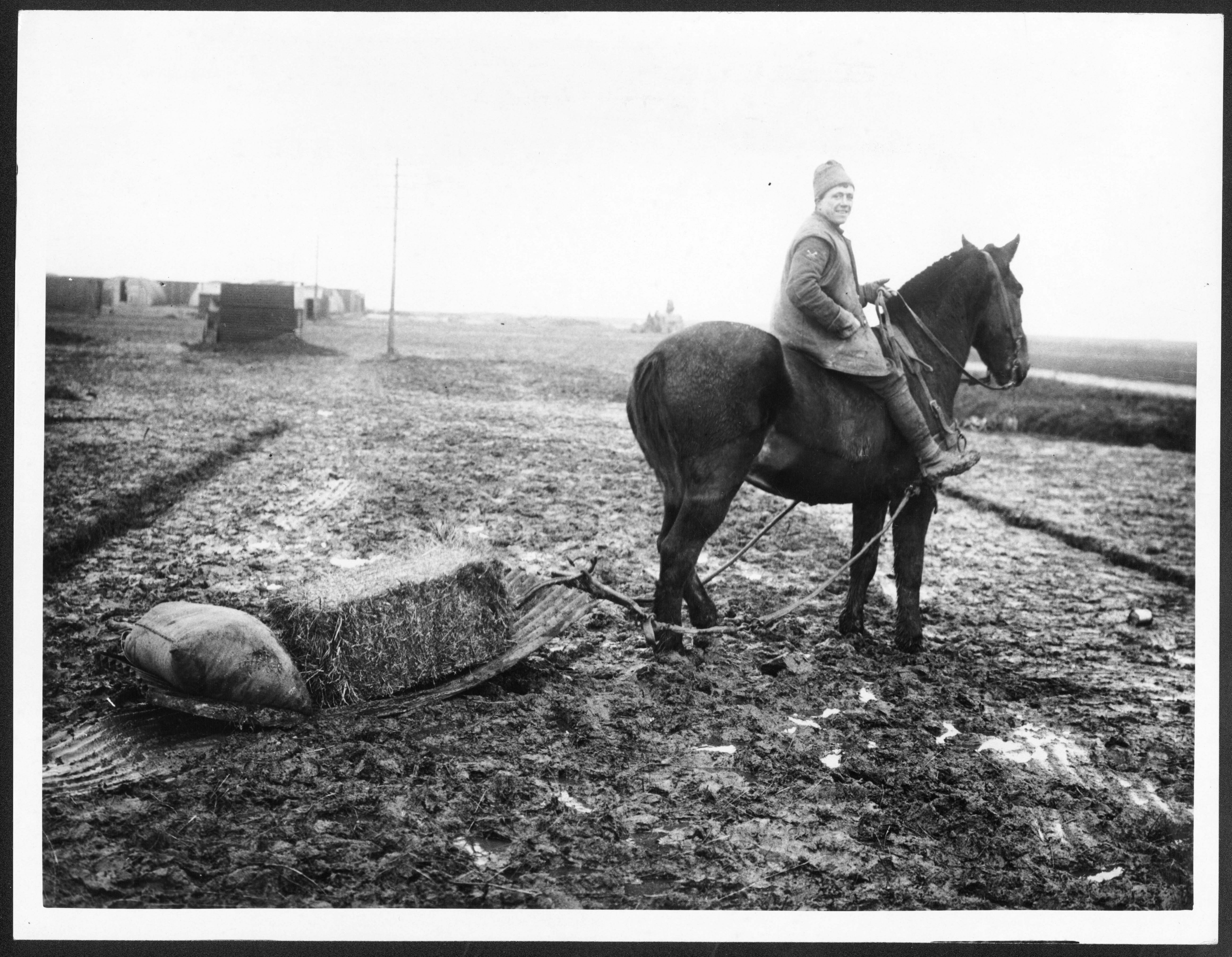 a man riding a horse next to a dead animal