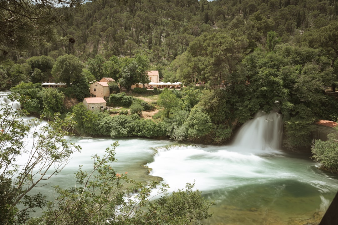 a river running through a lush green forest, Long exposure of waterfall in Krka National Park in the summer in croatia