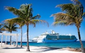 a cruise ship is docked at a tropical beach
