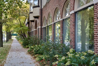 a sidewalk lined with flowers and trees next to a building
